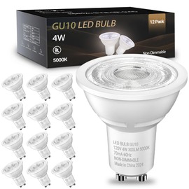 TJOY LED GU10 Light Bulbs 12 Pack, 5000K Daylight White GU10 Replacement for Recessed Track Lighting, 60W Equivalent, Non-Dimmable, 4W, 300LM, MR16 Bulb with 40° Beam Angle for Kitchen, Range Hood