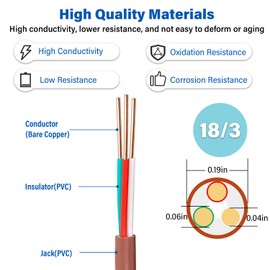 YDDECW Thermostat Wire - 18/3 30FT Solid Copper 18AWG 3 Conductor Power Circuit Cable for Heating & air Conditioning Equipment, doorbells and Other Indoor/Outdoor Low Voltage Applications Use