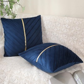 MissOwl Velvet Set of 2 Throw Pillow Covers with Gold Leather Home Decor Pillowcase Farmhouse Cushion Cover for Garden Couch Sofa Bed Living Room 18 x 18 Navy Blue