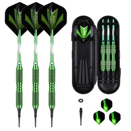 Soft Tip Darts Set – 20g Brass Barrels, Plastic Tips, Green Aluminum Shafts, 6 Flights, 50 O-Rings & 50 Extra Tips – for Electronic Dartboard