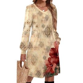 Zeagoo Womens Dress Fall Winter 2025 Trendy Tunic Dresses Long Sleeve A Line Flare Dress Pleated,Beige Floral L