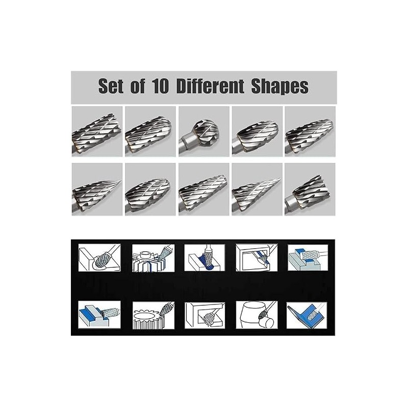 10Pcs 1/8" Shank Carbide Burr Bits Compatible with Dremel w/