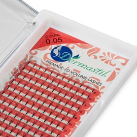 Dermastil 7D Premade Handmade Volume Eyelashes, C Curl, Thickness 0.05 mm, Ready Fan without Knots for Eyelash Extension, PBT, Vegan, 16 Strips Box (14 mm)