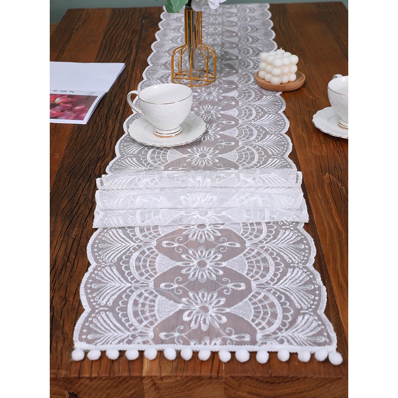 Futupe Table Runner, Lace, White, Floral Pattern, Embroidered, Stylish, Scandinavian