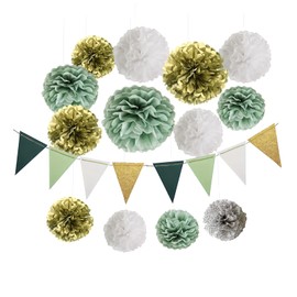 Pack of 14 Pompoms Decoration with Bunting Garland for Wedding Decoration Birthday Decoration Christening Baby Shower Garden Party JGA Youth Initiation Communion Party Sage Green Tissue Paper Pompoms