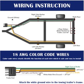 HayEastdor 23ft Trailer Light Wiring Harness Kit 4 Pin Flat With 18 Gauge White Ground Wire - Boat Trailer Extension Connector Kit HE029