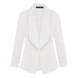 LADI TREND Women's Work Jacket 3/4 Ruched Sleeve Open Front Casual Office Blazer (White M)