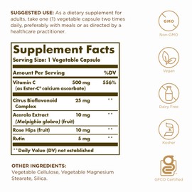 Solgar Ester-C Plus 500 mg Vitamin C (Ascorbate Complex) - 250 Vegetable Capsules - Gentle & Non Acidic - Antioxidant & Immune Support - Non GMO, Vegan, Gluten Free, Kosher - 250 Servings
