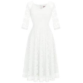 Dressystar Women's Elegant Lace Dress, V-Neck Cocktail Dress, Wedding Midi Evening Dresses, White