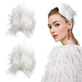 2 Pcs Swan Feather Hair Clips Ballet Style Love Heart Rhinestone Ostrich Feather Hairpins for Women Swan Lake Performance Dancing Party Costume Hair Accessories (White)