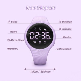 Digital Waterproof Pedometer Watch, Fitness Tracker, Step Counter, Distance, Vibrating alarm clock, Stopwatch, Great Gift for for Kids Childrens Teen Girls Boys Women (Purple)