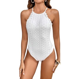 SHENHE Women's Solid Halter Neck Contrast Lace Eyelet Embroidered Sleeveless Bodysuit, White, Small