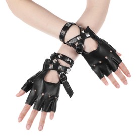 Quilax Women's Black Fingerless Gloves, Black PU Leather Rave Gloves, Punk Snap Half Finger Glove, Punk Rock Accessories for Concerts Festivals Costume Parties Rocker Outfit