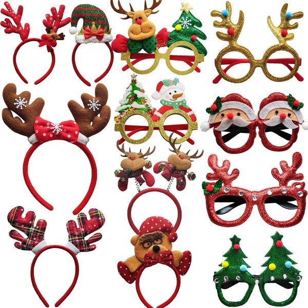 Adorling Pack of 6 Christmas Headband and 6 Christmas Glasses Funny Reindeer Costume Headband Christmas Tree Glasses Party Favours and Decoration for Christmas