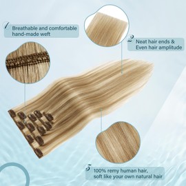Elailite Real Hair Clip-In Extensions, #18P613, Ash Blonde Mix Light Blonde, 5 Wefts, Remy Hair Extensions with 12 Clips, 40 cm, 60 g, Straight Hairpieces