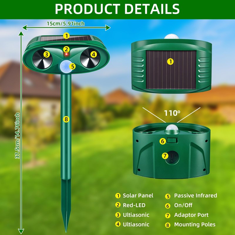 4 Pack 2025 Solar Ultrasonic Animal Repellent Squirrel Fortress Pro