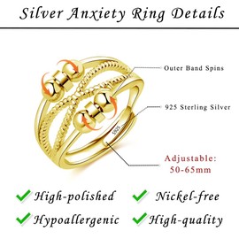 Cangall Silver Anxiety Rings, 925 Sterling Silver Anxiety Fidget Ring, Gold Anxiety Rings for Women, Adjustable Open Anti Stress Rings with Beads Spinner Ring for Worry Depression Relief