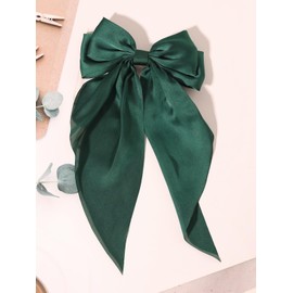 Furling Pompoms Hair Bows for Women - Pack of 2 Dark Green Hair Bow Clips for Girls Satin Big Bows Long Tail Alligator Clip Ribbon Hair Barrette Hair Accessories for Bridal Bachelorette Party