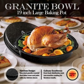 19” Turkey Roasting Pan Enamel Oval Granite Large Roaster Pan with Lid with 17in Inner Diameter Large Capacity Suitable for Thanksgiving Enamel Cook Ware Dishwasher Compatibility Oven Christmas Gift