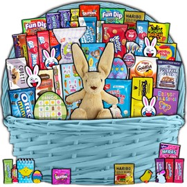 CRAVEBOX Blue Easter Basket for Kids and Adults (45ct) - Already Filled Easter Gift Basket with Plush Easter Bunny, Candy, Snacks, and Treats - Boys, Girls, Grandchildren, Young Children, Toddlers, Men, Women