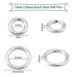 SUNNYCLUE 1 Box 1100Pcs 2 Style Stainless Steel Open Jump Rings Connectors Linking Ring Jump Rings Bulk for jewellery Making Chainmail Ring Earrings Bracelets Necklace Supplies DIY Craft 3mm 4mm