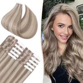 Benehair Tape in Human Hair Extensions, 12 inch Straight Invisible Tape Extensions Remy Blonde Hair Extensions 10pcs 20g Ash Brown Mix Bleach Blonde 18p613
