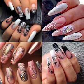 2Pcs Flower Nail Art Stickers Black White Pink Cane Vine Nail Design Decals Exquisite Floral Nail Supplies French Nail Stickers Retro Flower Nail Decals Spring Nail Art Decoration for Acrylic Nail DIY