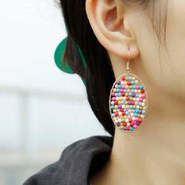 Winssigma Turquoise Teardrop Earrings, Boho Colorful Beads Gold Hoop Earrings for Women Bohemian Jewelry(Oval Colorful Beads)