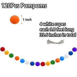 Luyoaozy Colorful Pom Pom Garlands 39.6 Feet Long 120 Balls for Rainbow Classroom Decor Felt Banner Wall Christmas Tree Classroom Birthday Easter Party Home Decor