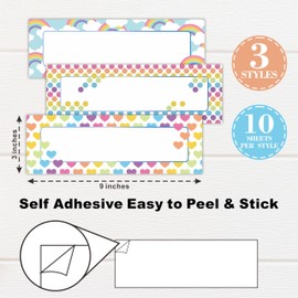 30 Pcs Self Adhesive Name Tags, Name Plates in 3 Styles, Rainbow,Star,Dots theme Students Desk Labels Tags for Classrooms, Storage Box Labels，Classroom Office Decorations and Supplies - A01