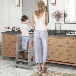 Qaba 2 in 1 Toddler Tower, Toddler Step Stool, Kids Kitchen Stool Helper with Safety Rail, Bathroom, Sink, Kitchen & Counter Step Stool for Toddlers 3-6 Years, Gray