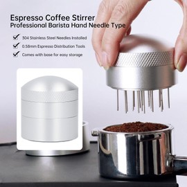 Kelepu Wdt Tool Spinning Espresso Stirrer, Coffee Distributor 58 mm Stainless Steel Compatible, Coffee Distribution Tool Portafilter, Leveling Tool, Coffee Grinding, with Base for Home Office, Silver