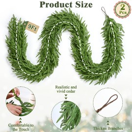 Waipfaru 2 Pcs 9 Ft Artificial Norfolk Pine Garland, Real Touch Cedar Garland, Christmas Greenery for Mantle, Table, Staircase, Indoor, Outdoor Christmas Decorations(2, 9 FT)