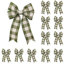 Meseey 12 Pcs Sage Green and White Plaid Buffalo Plaid Burlap Wired Ribbon Bows – 5 x 7 Inch Rustic Tartan Check Farmhouse Decor for Christmas, Weddings & Gift Wrapping
