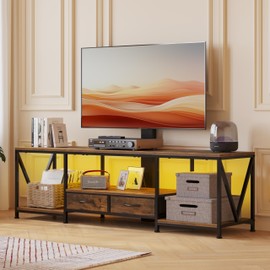 NinPeen 63" W TV Stand with Mount for 55,65,75" TV,Entertainment Center with Power Outlet&Led Lights,Height Adjustable TV Console Table with Open Storage Shelves&Fabric Drawers (Rustic Brown, 63“W)