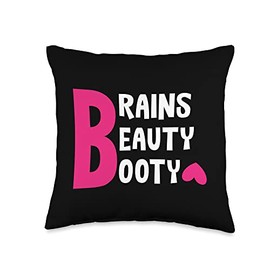 Funny Fitness Gym Workout Brains Beauty Booty Funny Smart Pretty Fitness Butt Workout Throw Pillow, 16x16, Multicolor