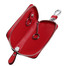 Four Pary Smart Key Case, Genuine Leather, Compatible with Large Keys, Card Storage, Includes Carabiner, red