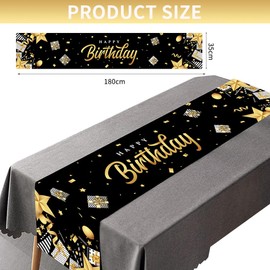 GROVBLE Birthday Table Runner, Happy Birthday Table Runner, Black Gold Birthday Decoration, Table Decoration Tablecloth Birthday for Boys Men Birthday Decoration 180 x 35 cm