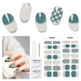 DUKASOU 28pcs Semi Cured Gel Nail Strips, Gel Nail Stickers Kit Work with Any UV Nail Lamps, Long Lasting Gel Nail Wraps for Girl Women, Includes Prep Pads, Nail File & Wood Stick(Green Checker)