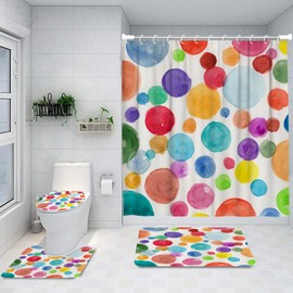 Ansouyi 4Pcs Bathroom Shower Curtain Sets with Non-Slip Rugs, Toilet Lid Cover and Bath Mat, Kids Colorful Polka Dot Durable Waterproof Shower Curtain for Bathroom Set with 12 Hooks