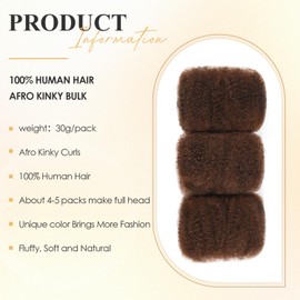 JIAJIA Teresa Afro Kinkys Bulk Human Hair for Twists, Braids and Dreadlocks, Natural and Soft Afro Kinky Curly Human Hair Bulk Can be Dyed and Bleached (16 Inch, #4, 30g/Pack)
