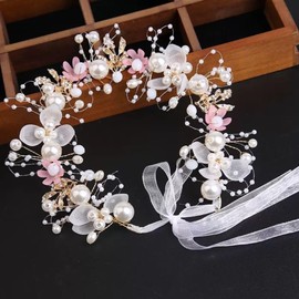 fjygwx13 Princess Vine Headband Pearl Hair Crown Boho Hair Side Floral Flower Headpiece Birthday Wedding Bridal Accessories Women Alloy (Pink)