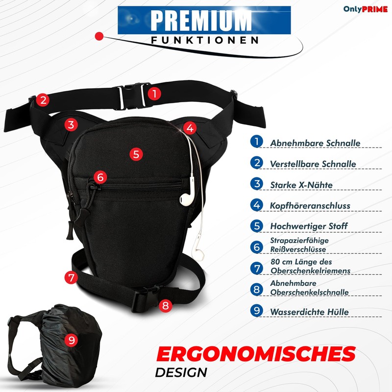 OnlyPRiME Motorcycle Leg Bag Waterproof with Rain Cover and Adjustable