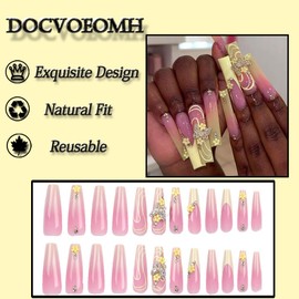 DOCVOEOMH Press on Nails Long Coffin French Tips Yellow Fake Nails with 3D Butterfly Flower Design Full Cover Acrylic False Glue Stick on Nail Artificial Gel Nails for Women Wedding Manicure 24Pcs