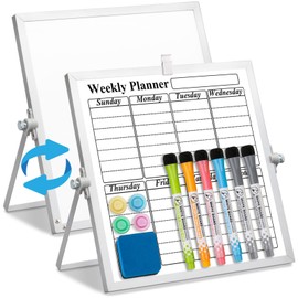 LISSCHANN Dry Erase Whiteboard Weekly Calendar with Stand, 25 x 25 cm Double-Sided Desktop White Board, Mini Portable Magnetic Planning Board Set with 6 Markers, 4 Magnets, 1 Marker Holder & 1 Eraser