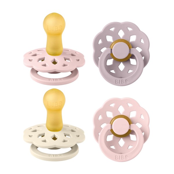 BIBS Boheme Soother 4-Pack. BPA Free Dummy Pacifier, Round Nipple. Natural Rubber Latex, Made in Denmark. 6-18 Months (Pack of 4), Blossom Mix