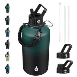 BJPKPK 2/3 Gallon Water Bottle with Straw Lid, 87oz Large, Stainless Steel Water Bottles with 3 Lids and Paracord Strap, Double Wall Vacuum Metal Jug, Army Green & Black