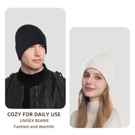 ZOORON 1&2 Unisex Thick Knitted Beanie for Men Women Cuffed Plain Hat Winter Slouchy Ski Beanies Black