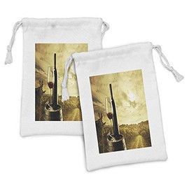 Ambesonne Wine Fabric Pouch Set of 2, Red Wine Bottle and Glass on Wooden Cask Dramatic Sky Agriculture, Small Drawstring Bag for Toiletries Masks and Favors, 9" x 6", Pale Coffee Green Black