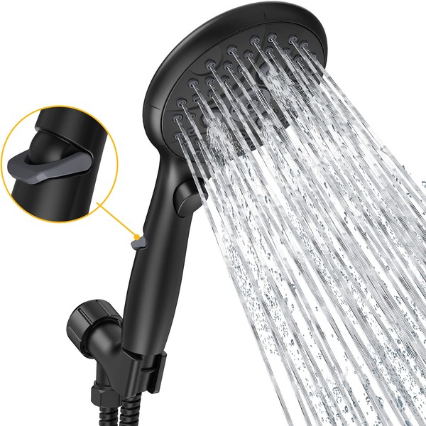SunCleanse Shower Head, 7-Setting Handheld Shower Head with ON/Off Pause Switch, High Pressure 4.8" Showerhead with 1.8-Meter/71-Inch Shower Hose and Angle-Adjustable Shower Holder, Matte Black